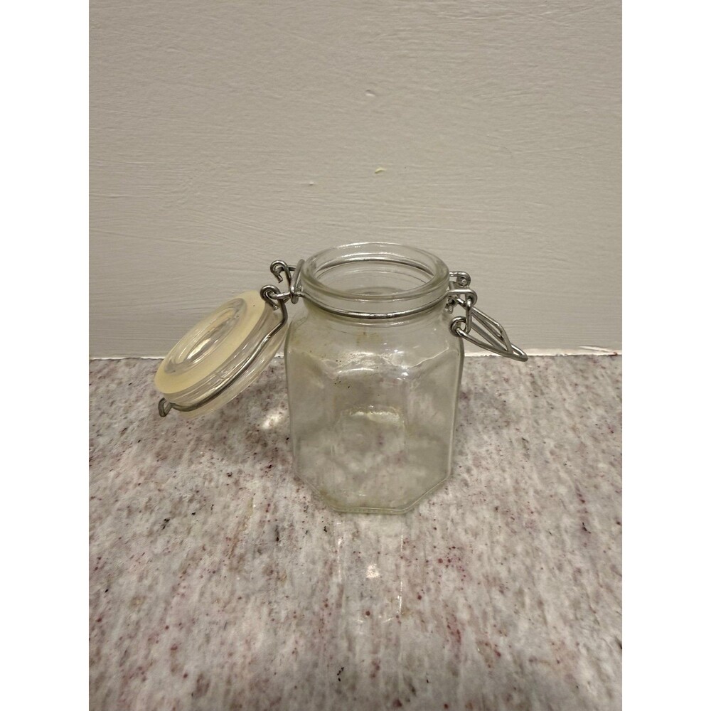 Vintage Vetreria di Fidenza Italian Hexagon Glass Jar - Wire Bail Clamp Lid